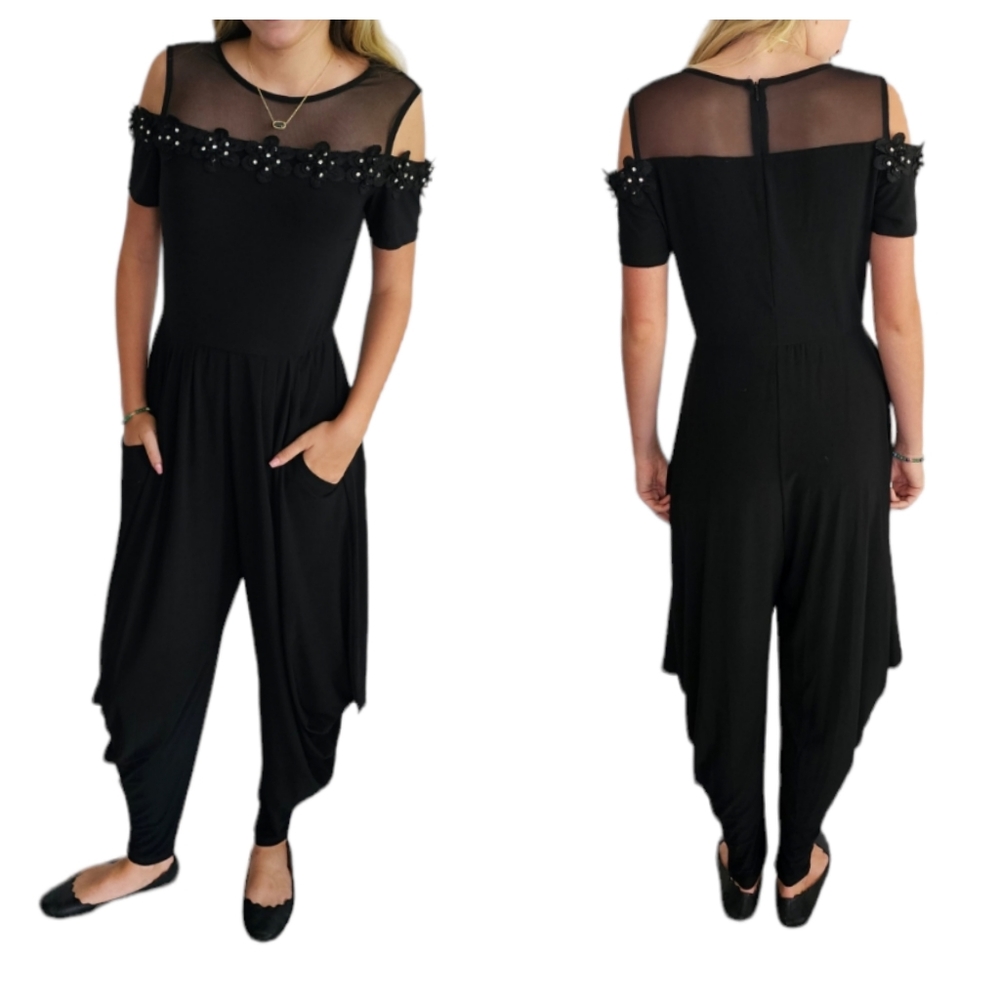 Frank Lyman Black Floral Applique Mesh Jumpsuit